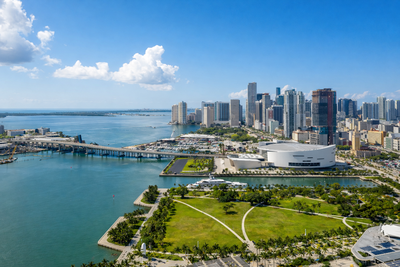 Beautiful view of downtown miami skyline and miami heat area overlooking the bay. 
