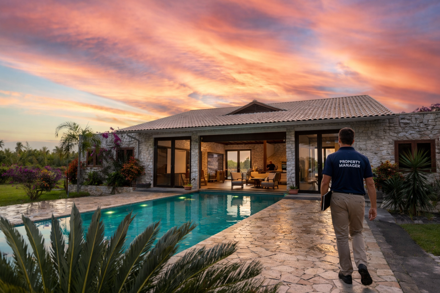 Man walks toward luxury home with pool at sunset.