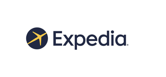 Expedia logo: a yellow plane within a dark blue circle, with 
