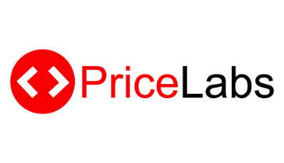 PriceLabs logo: Red circle with white brackets, PriceLabs text in red and black.