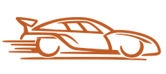 Coche deportivo naranja dibujado con líneas, con alerón trasero, visto de perfil sobre fondo blanco