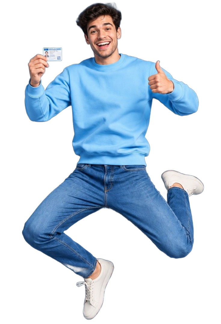 Hombre sonriente con jersey azul y vaqueros, saltando mientras sostiene una tarjeta y levanta el pulgar