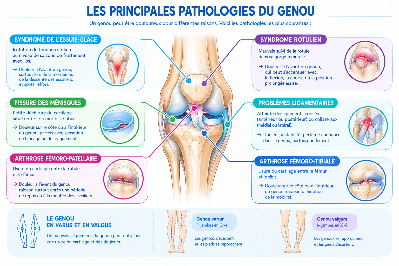 Un tableau qui présente les pathologies du genou.
