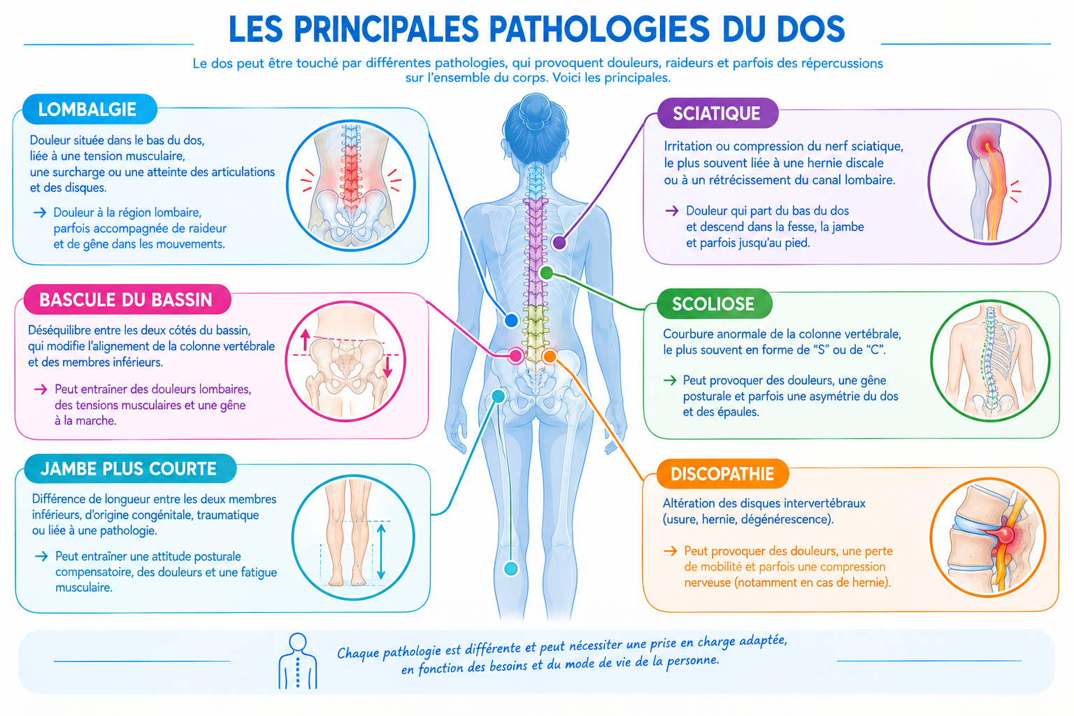 Tableau qui présente les différentes pathologies du dos.