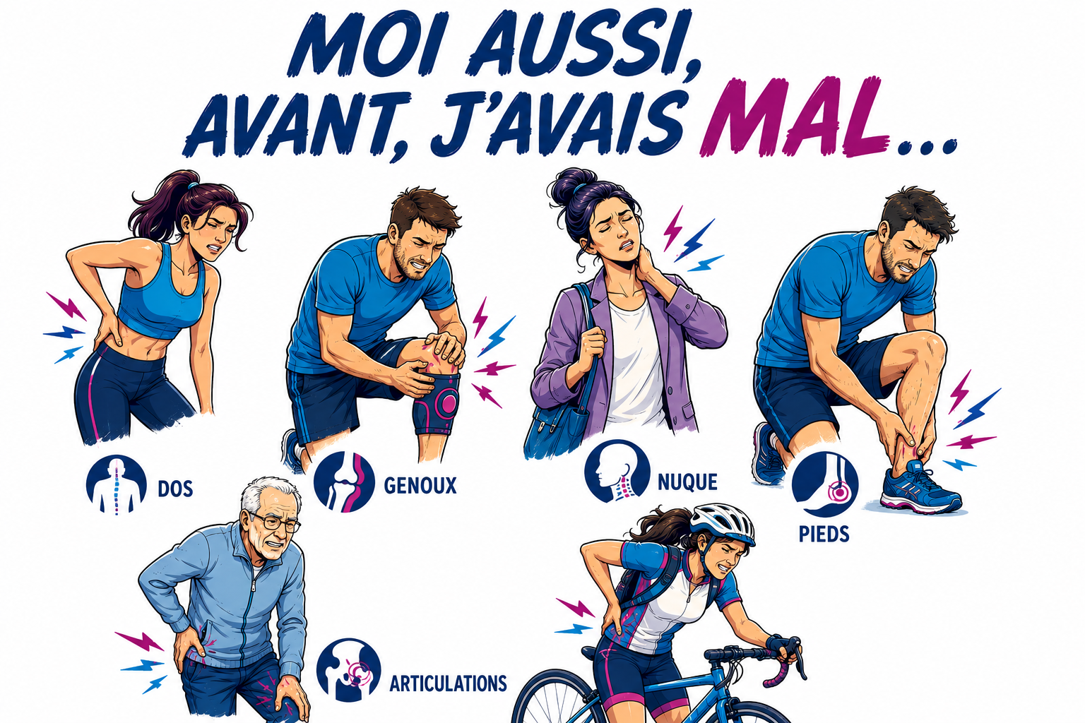 Des personnages qui ont des douleurs, présentés dans différentes postures.