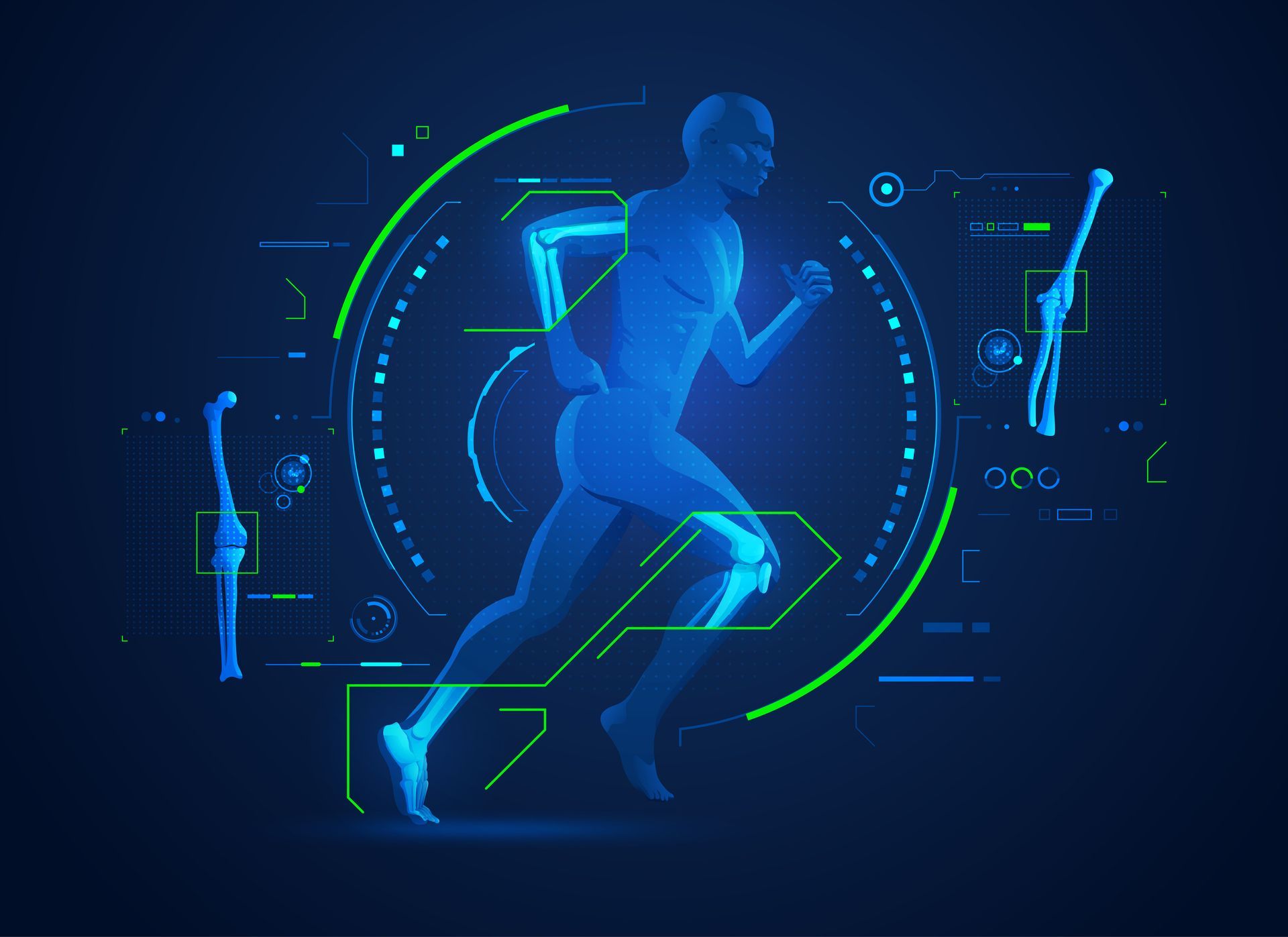 Une infographie représentant un coureur avec mises en valeur des zones articulaires.