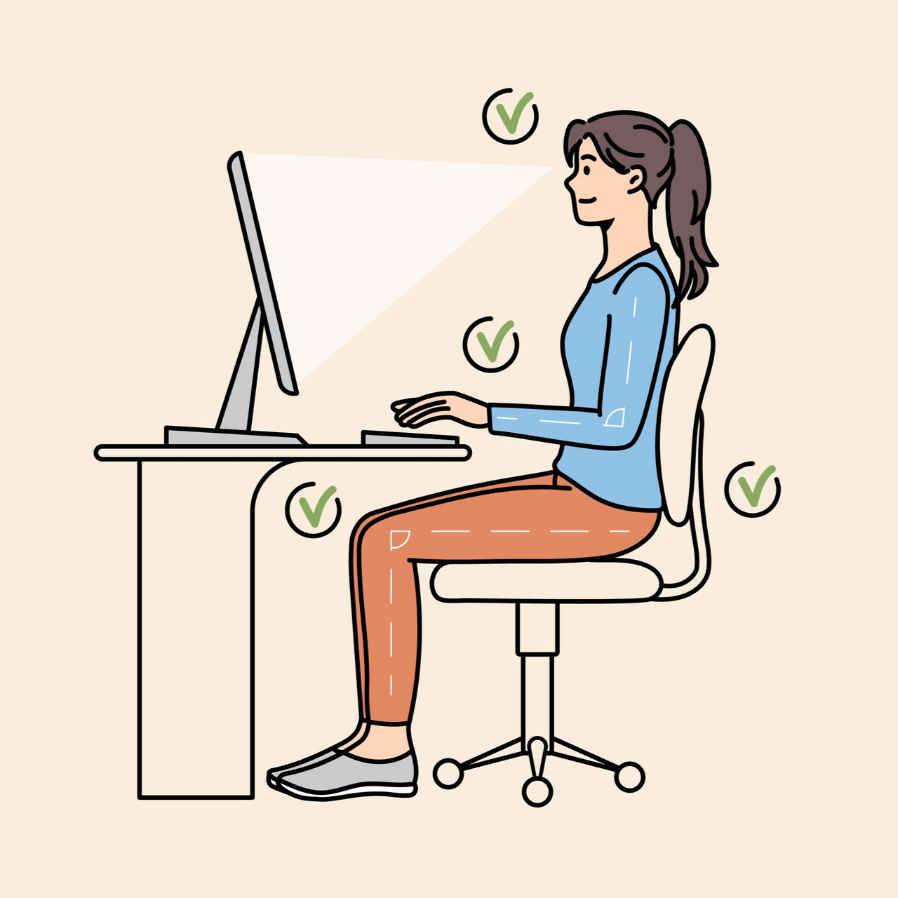 Dessin d'une personne assise à un bureau, face à un ordinateur, qui adopte une bonne posture.