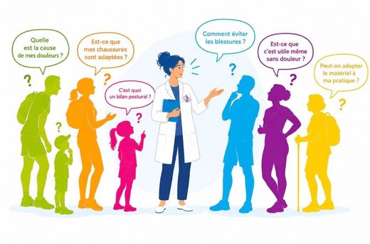 Dessin d'une orthoprésiste avec des personnages qui posent des questions autour.