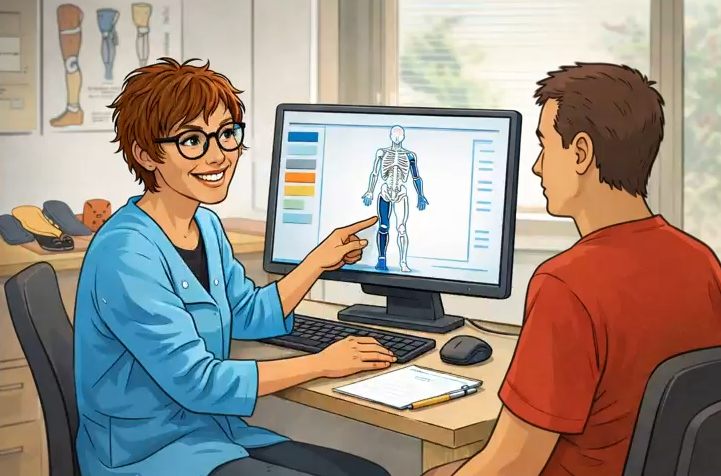 Une orthoprothésiste montre à un patient un schéma médical sur un ordinateur dans un cabinet médical.