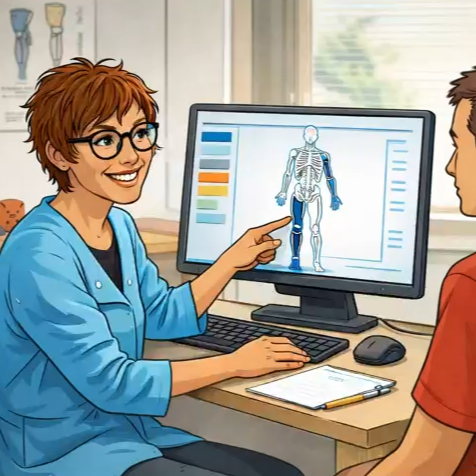 Illustration d'une orthoprothésiste face à un patient où elle pointe son écran d'ordinateur.