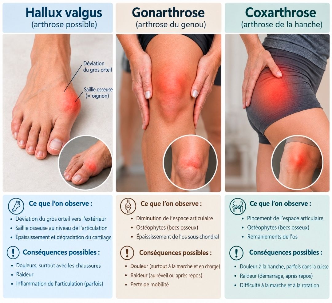 Présentation de trois pathologies d'arthrose.