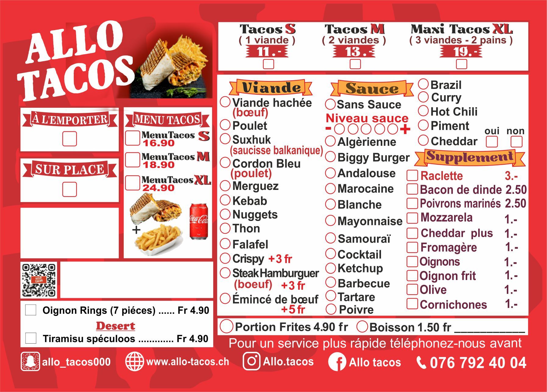 Menu Tacos à composer