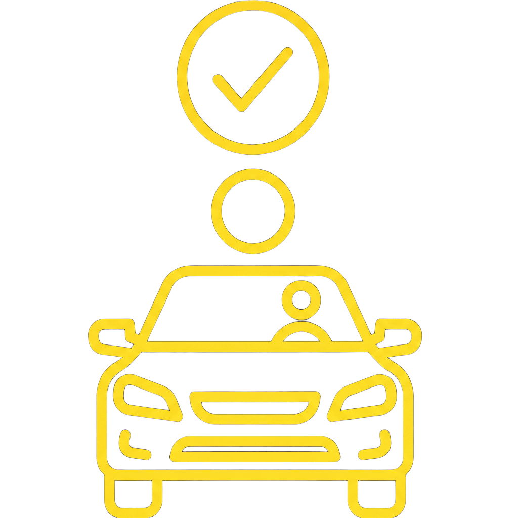 Silhouette jaune d'une voiture avec une coche au-dessus.