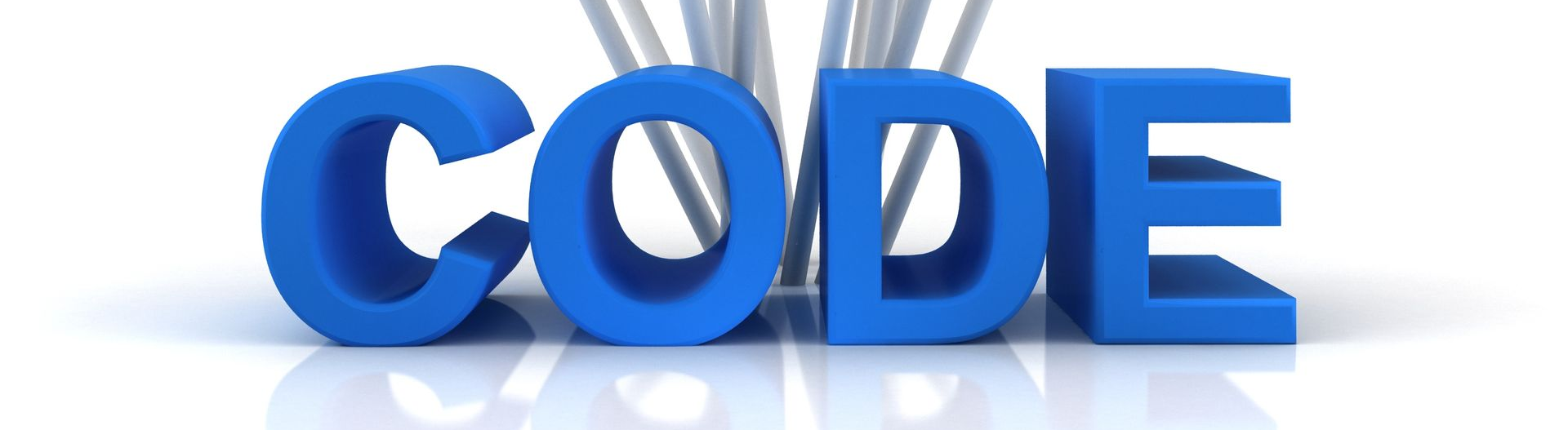 Texte bleu en 3D indiquant CODE avec un reflet brillant sur fond blanc.