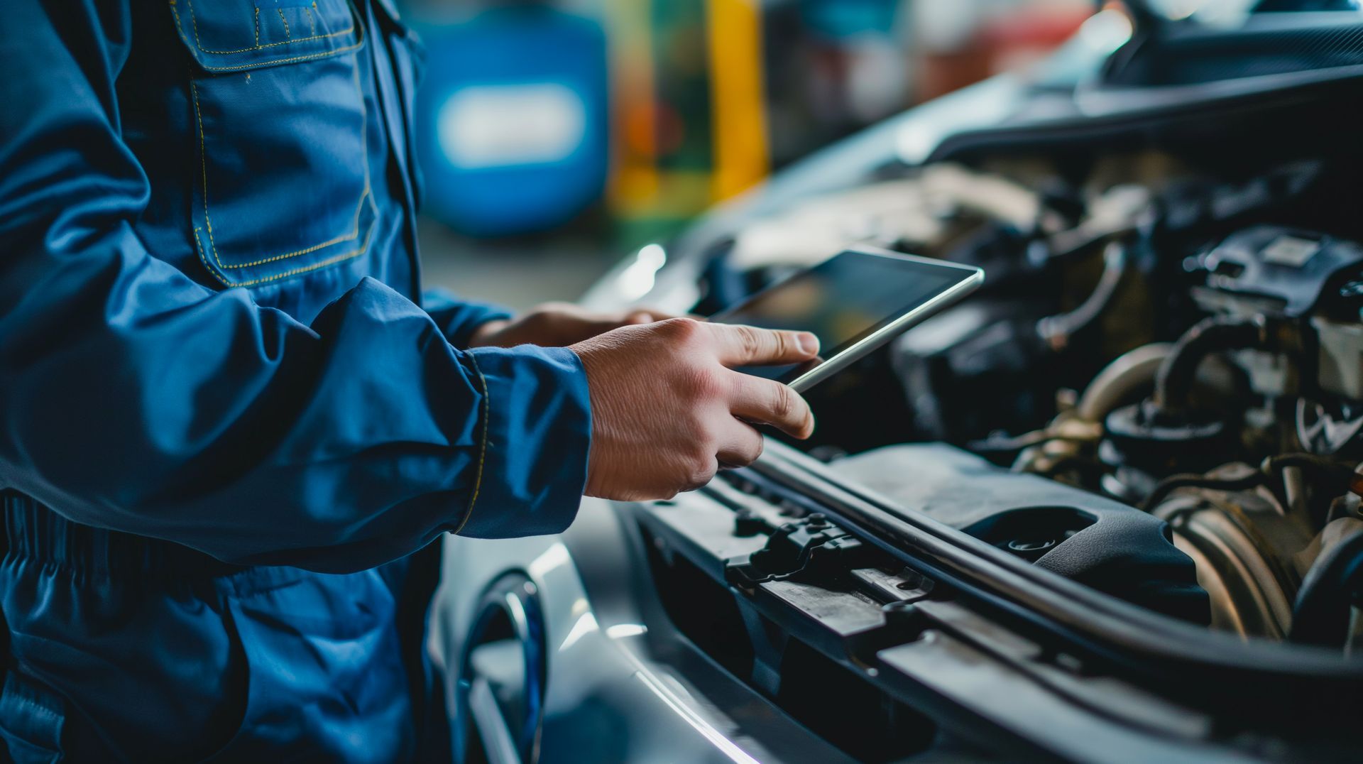 Un mécanicien en combinaison bleue inspecte le moteur d'une voiture dans un garage.