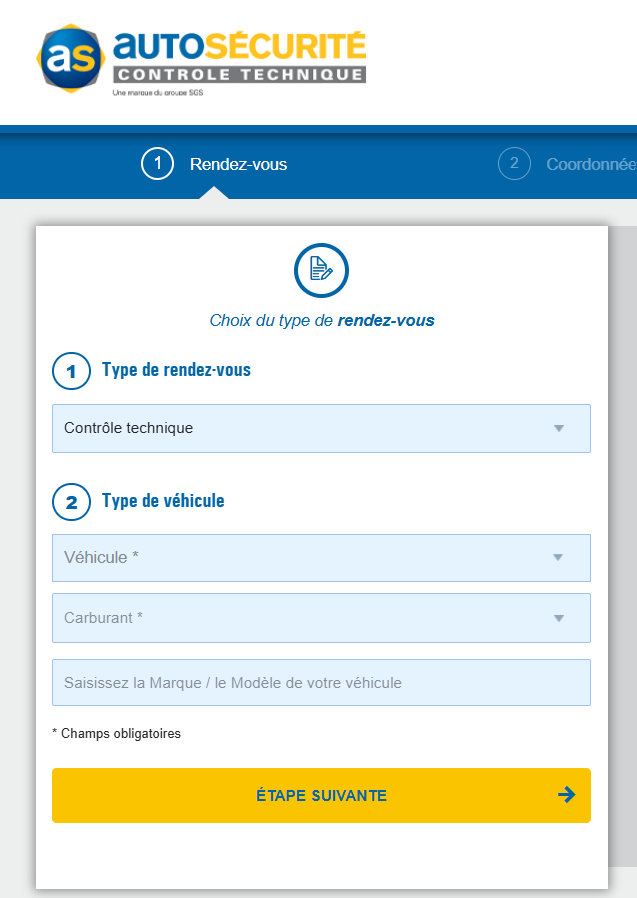 Formulaire AutoSécurité avec choix du type de rendez-vous.