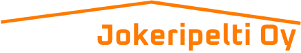 Oranssi "Jokeripelti Oy" -logo, jonka yläpuolella on tyylitelty kattolinja