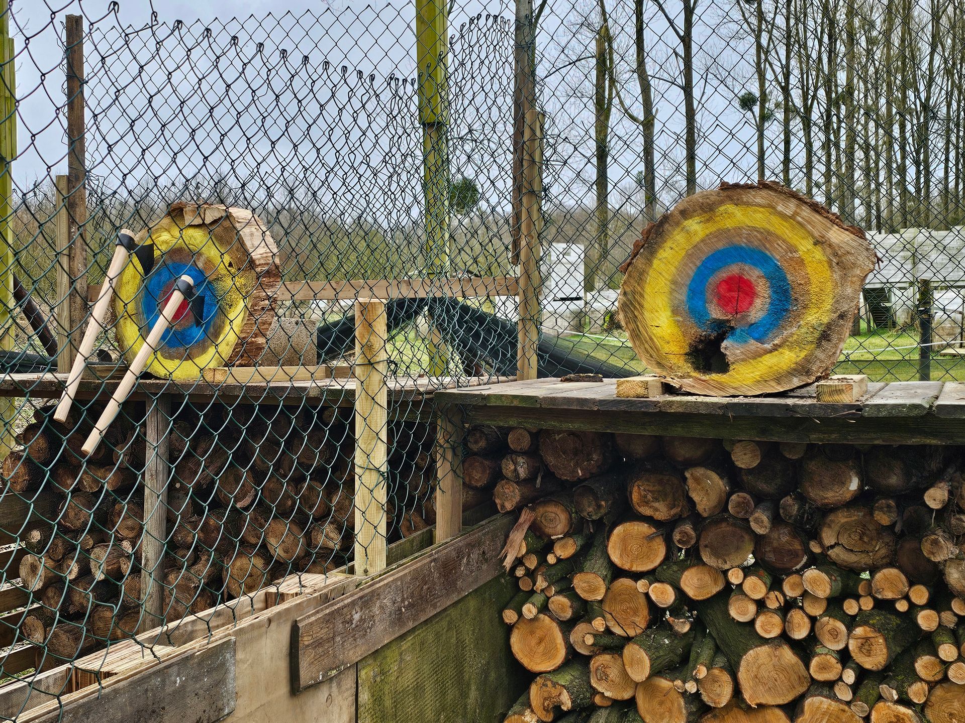 Cibles de lancer de haches sur des blocs de bois, avec des haches plantées dedans. Extérieur, tas de bois au premier plan.