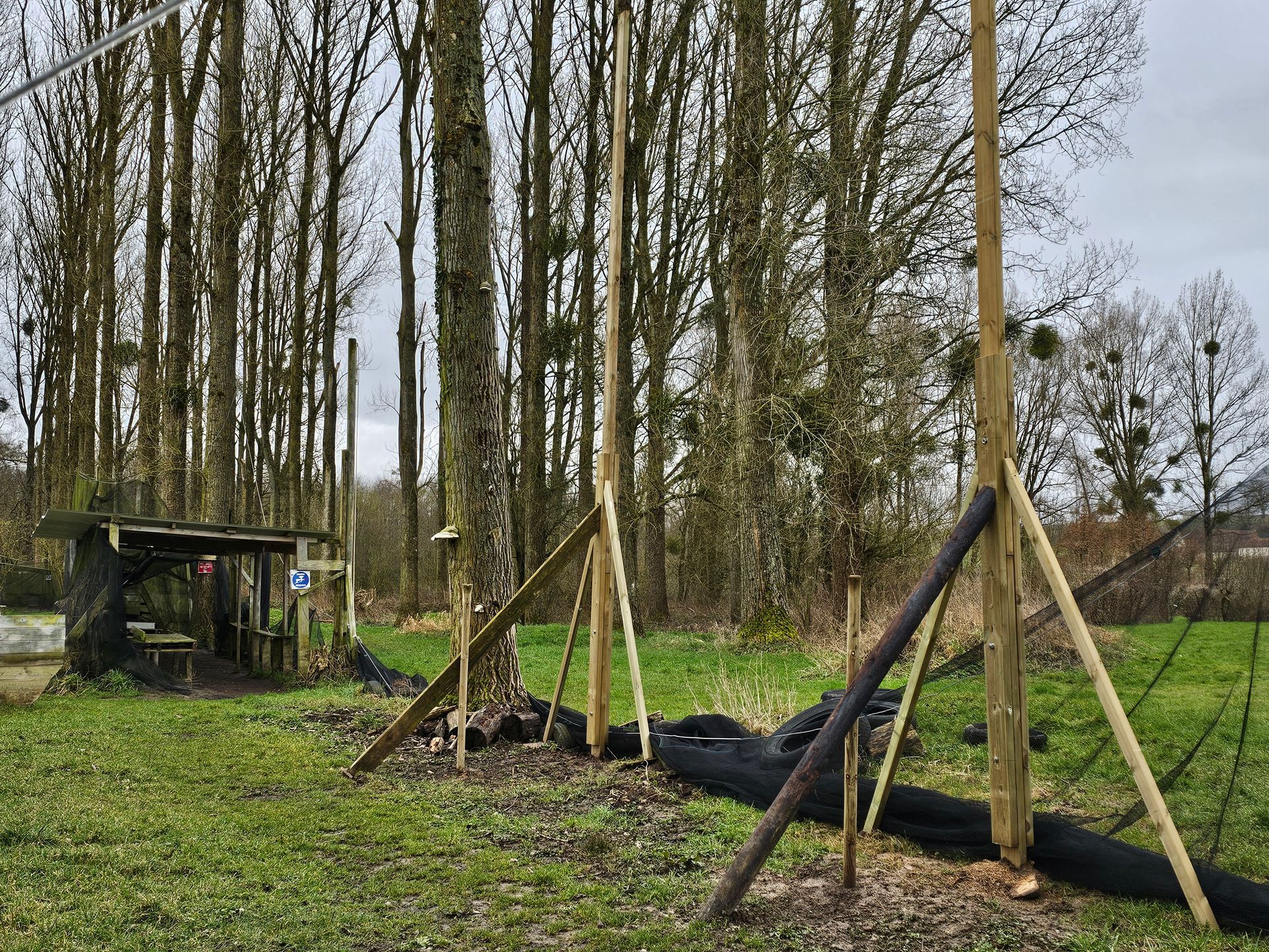 Des poteaux en bois avec des supports dans une zone herbeuse, des arbres en arrière-plan, une petite structure sur la gauche.