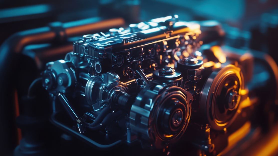 Primer plano de un motor detallado con componentes metálicos, iluminado con luz azul y dorada.