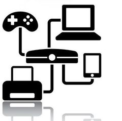 Un icono en blanco y negro de un controlador de videojuego, una computadora portátil, una impresora, un teléfono celular y un proyector.