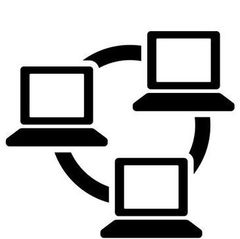 Un icono en blanco y negro de tres computadoras portátiles conectadas entre sí.