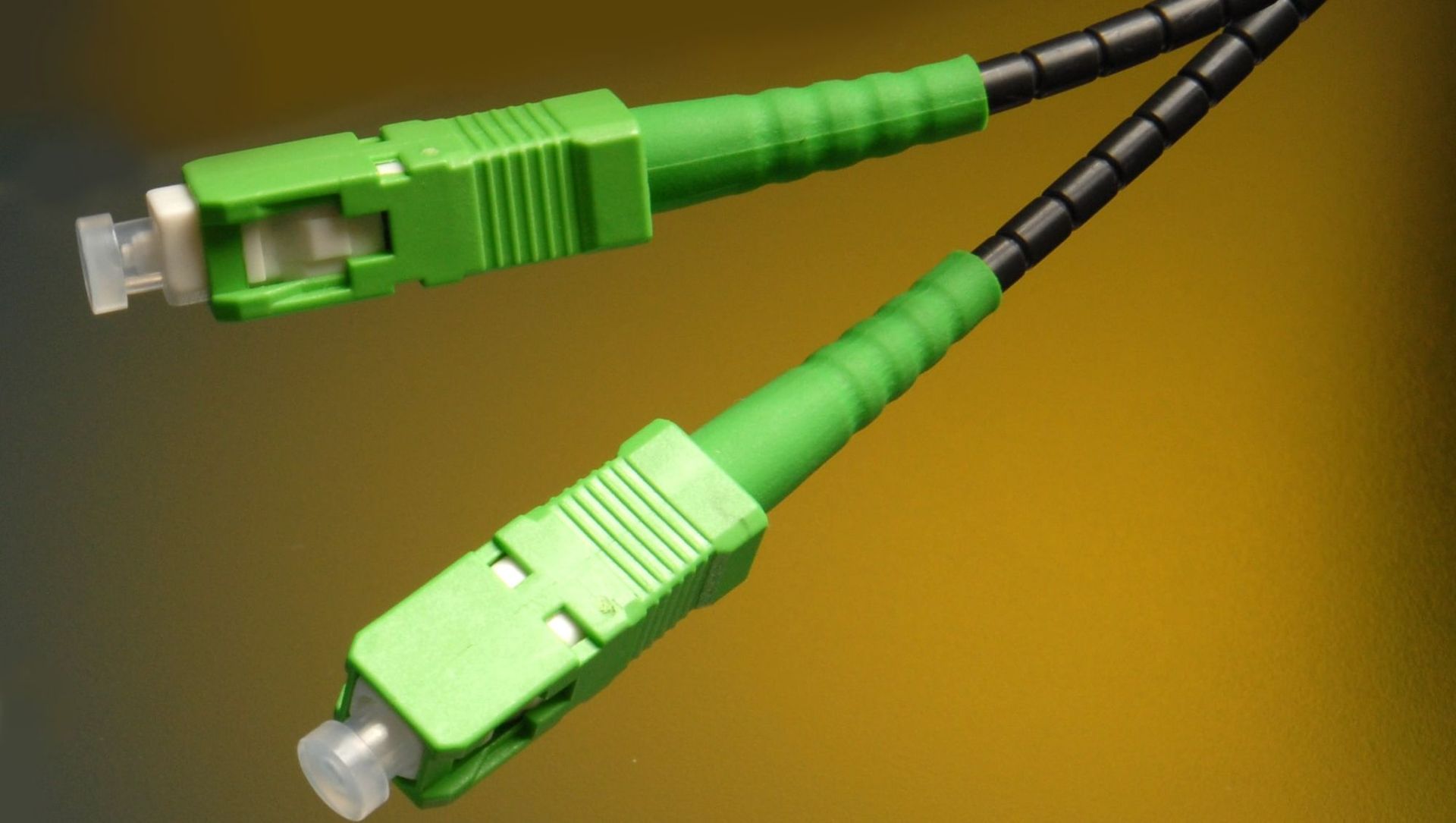 Un par de conectores de fibra óptica verdes sobre un fondo amarillo