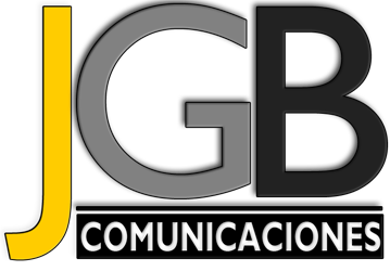Un logotipo para JGB Comunicaciones en negro y amarillo.