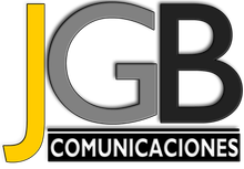Un logotipo para JGB Comunicaciones en negro y amarillo.