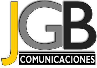 Un logotipo para JGB Comunicaciones en negro y amarillo.