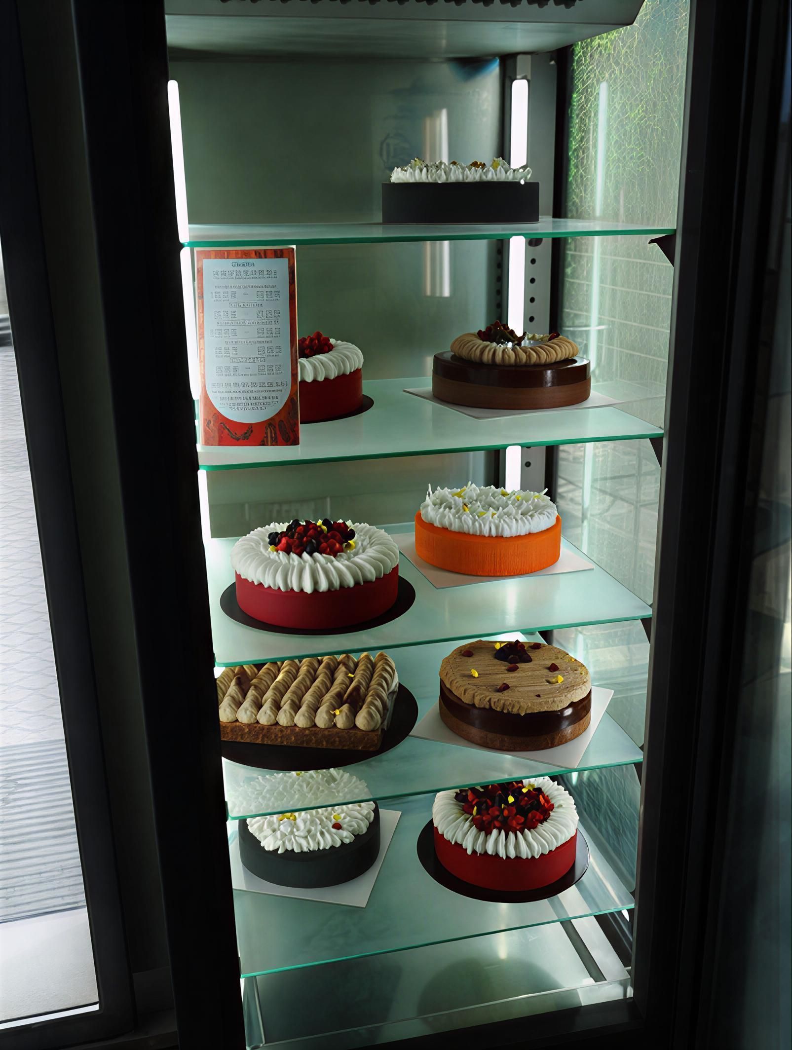 Une vitrine réfrigérée contenant plusieurs gâteaux à étages avec différents glaçages et garnitures.