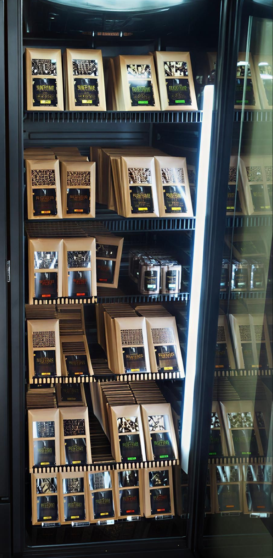 Une vitrine réfrigérée remplie de rangées de barres chocolatées emballées dans du papier kraft avec des étiquettes foncées.