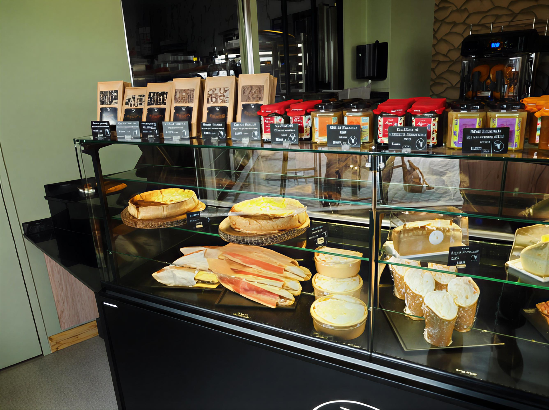 Une vitrine réfrigérée dans une boulangerie, remplie de gâteaux, de sandwichs et de produits emballés variés, disposés sur des étagères.