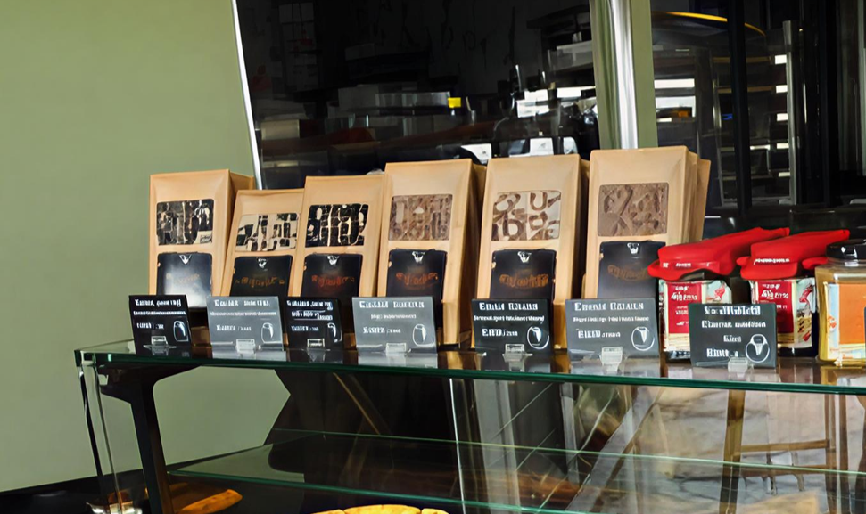 Des rangées de sachets de café étiquetés, disposés sur une étagère en verre dans un magasin.