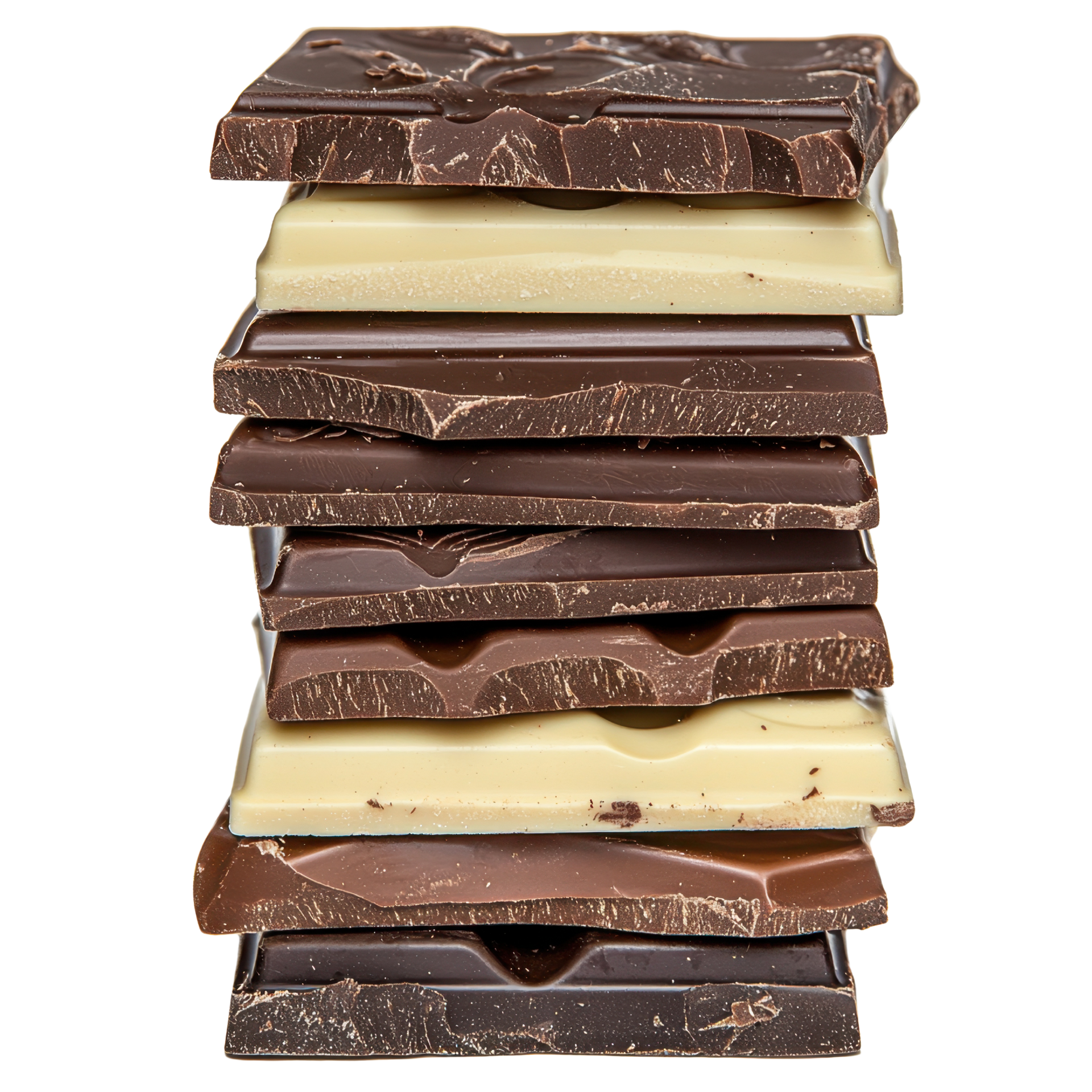 Une pile verticale de tablettes de chocolat variées, au chocolat noir, au lait et blanc, sur fond blanc.