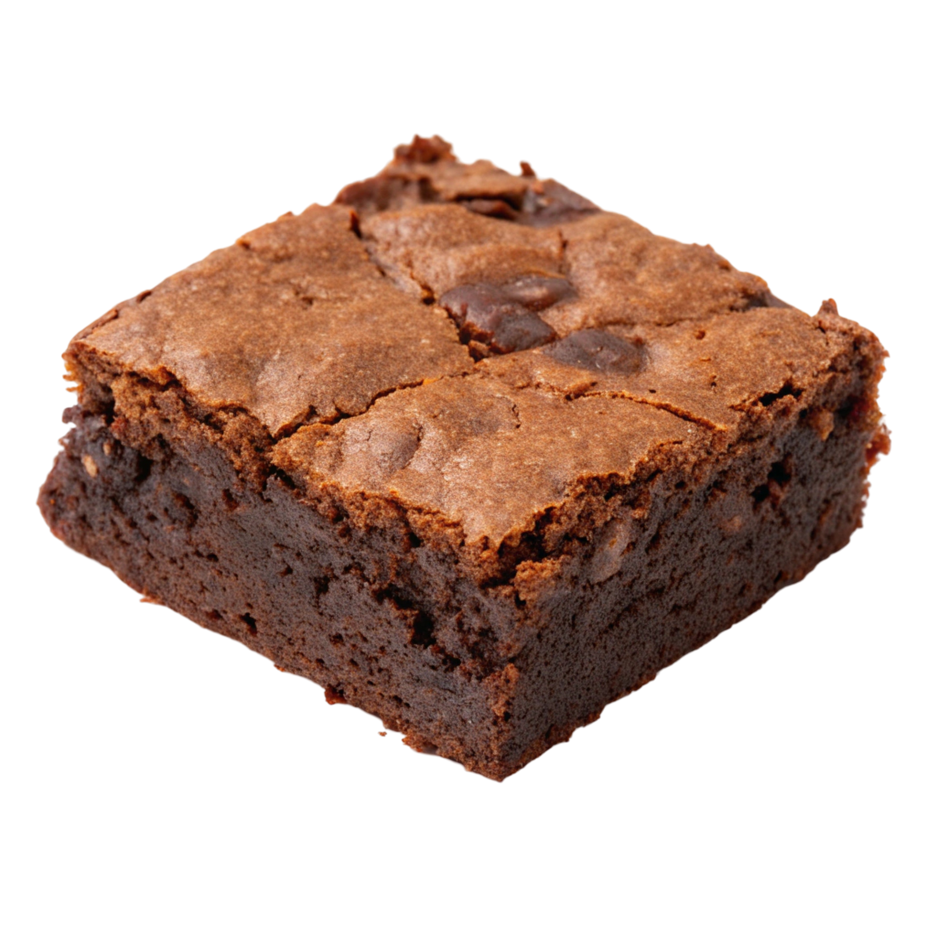 Un brownie carré au chocolat, à la croûte supérieure craquelée et brillante, sur fond blanc uni.