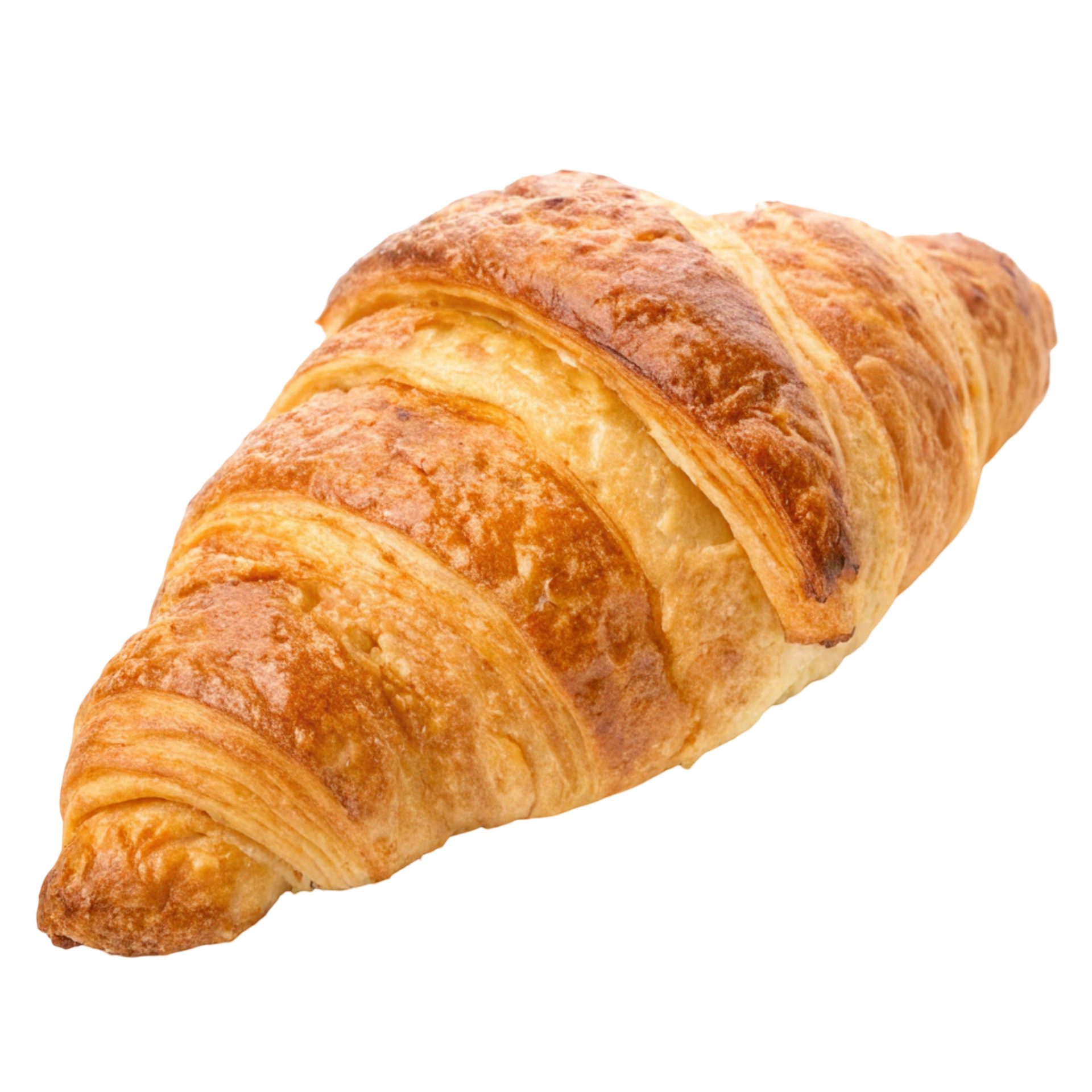 Un croissant doré et feuilleté sur fond blanc.