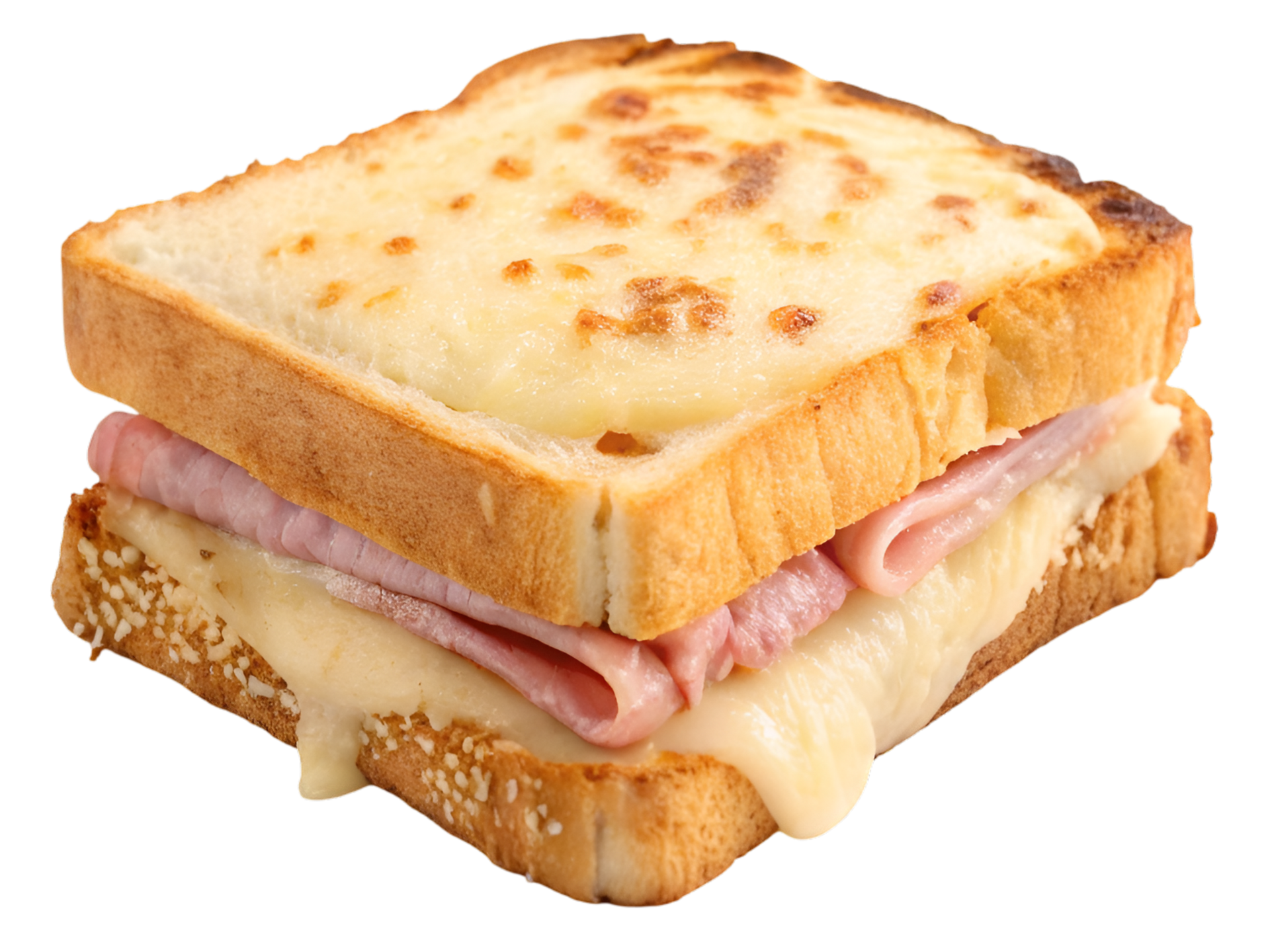 Un croque-monsieur composé de fromage fondu sur du pain grillé et d'une tranche de jambon pliée au centre.