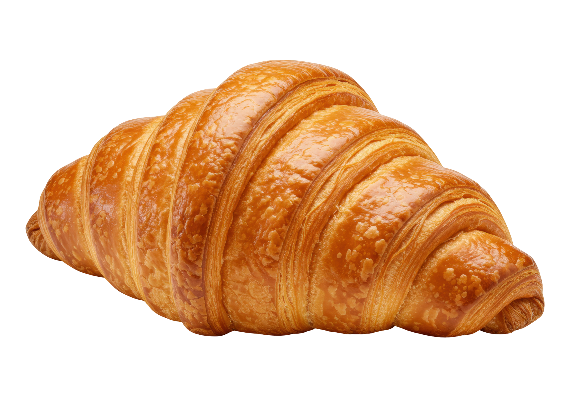 Un croissant doré et feuilleté en forme de croissant sur fond blanc.
