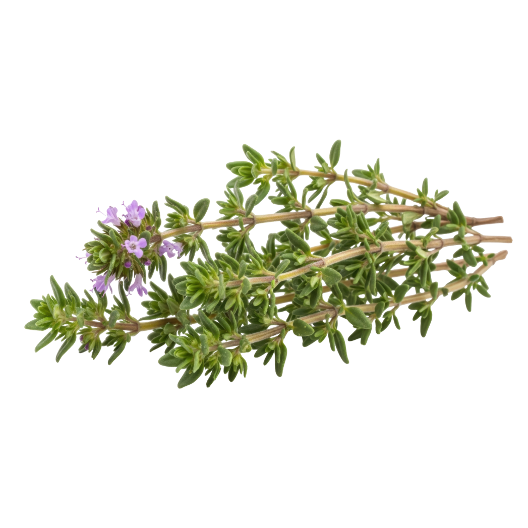 Un brin de thym vert frais avec de petites fleurs lilas clair sur un fond blanc uni.