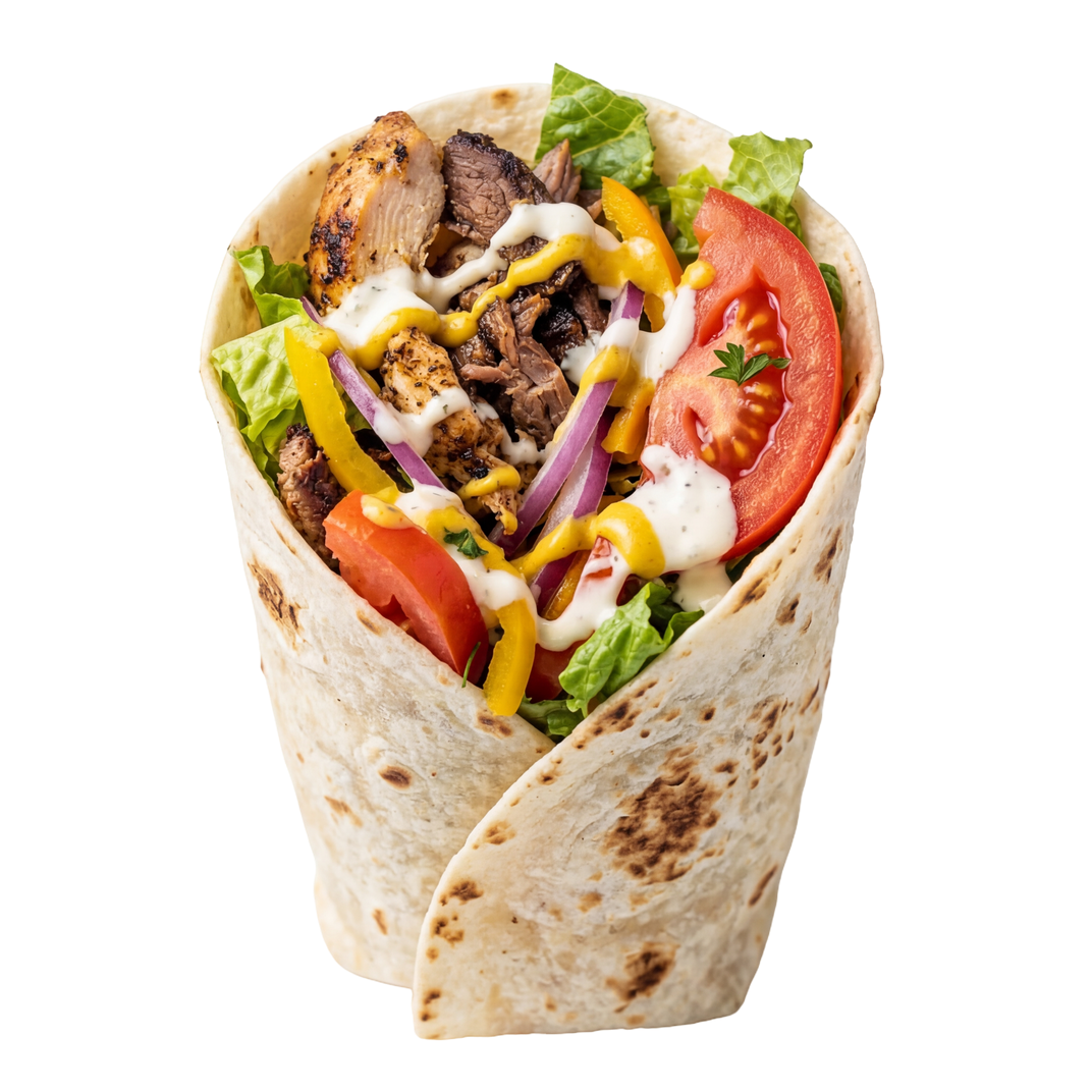 Un wrap au kebab avec laitue, tomate, poivrons jaunes et oignons, le tout dans une tortilla arrosée de sauces.