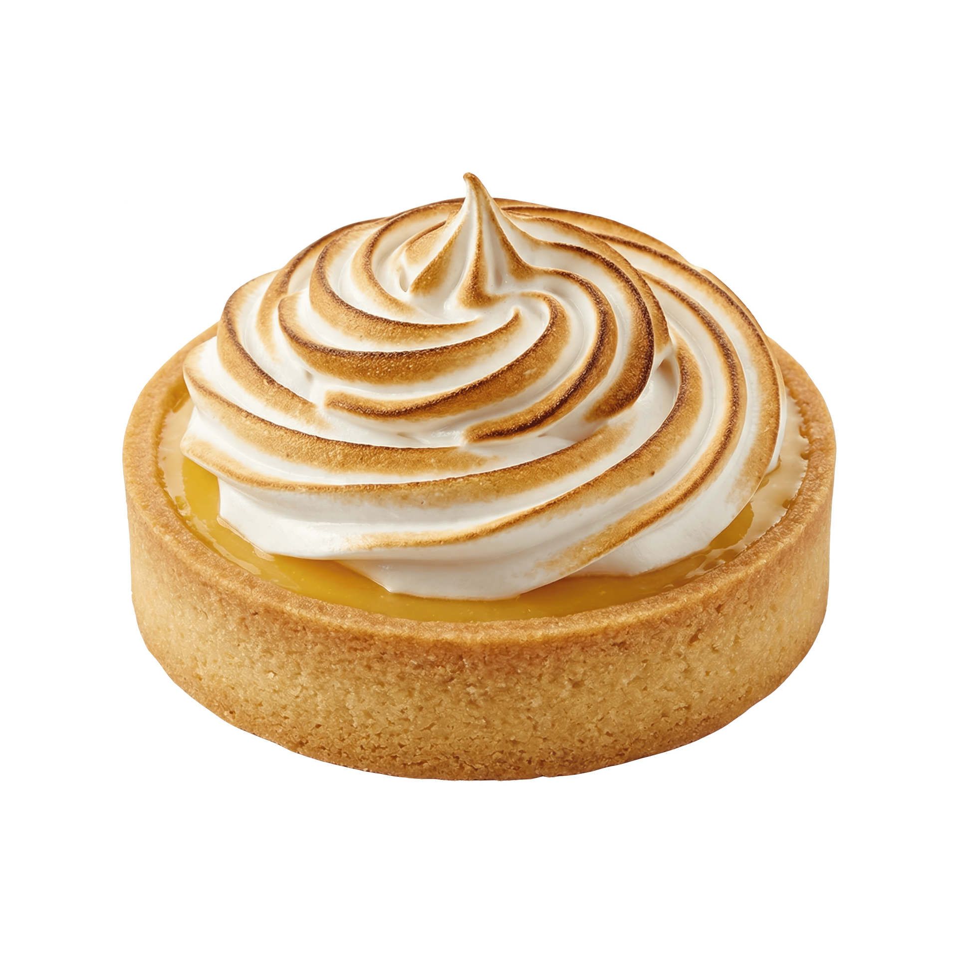 Tarte au citron avec une meringue dorée et tourbillonnante sur une croûte ronde, isolée sur fond blanc.