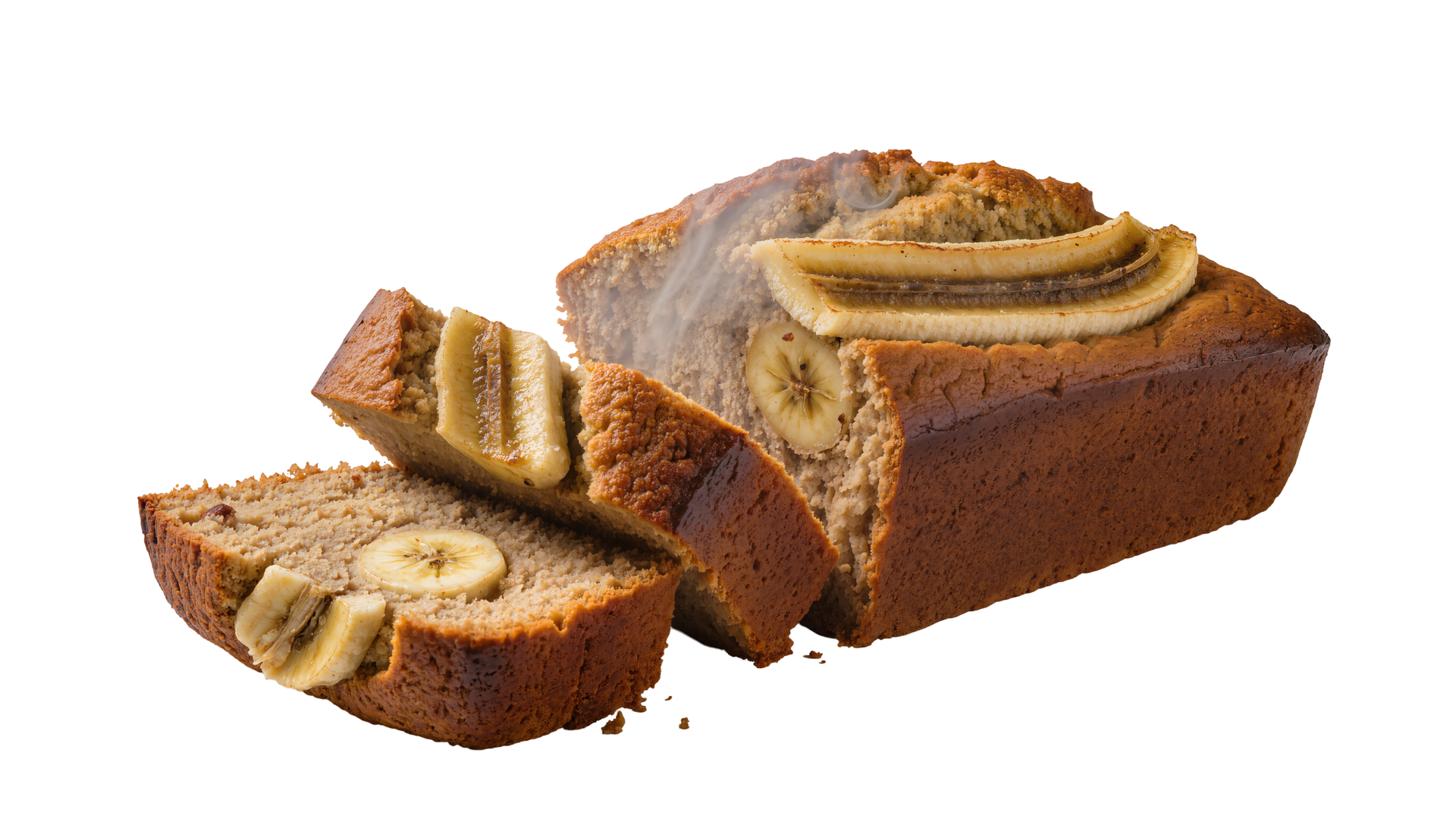 Un cake aux bananes sur fond blanc, avec une tranche coupée et des rondelles de banane sur les deux morceaux.