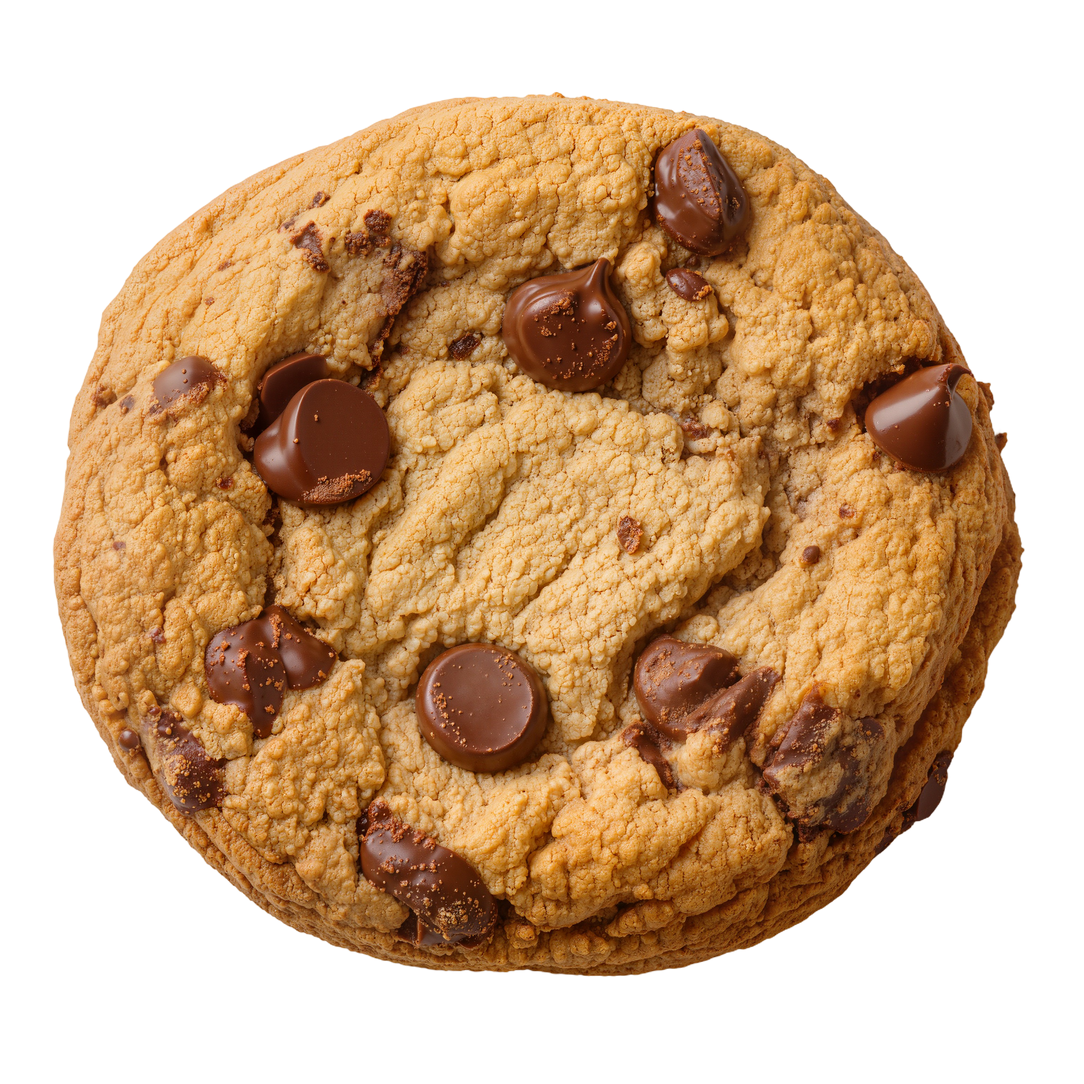 Un cookie rond, doré et croustillant aux pépites de chocolat, avec des morceaux de chocolat fondu visibles, sur fond blanc.