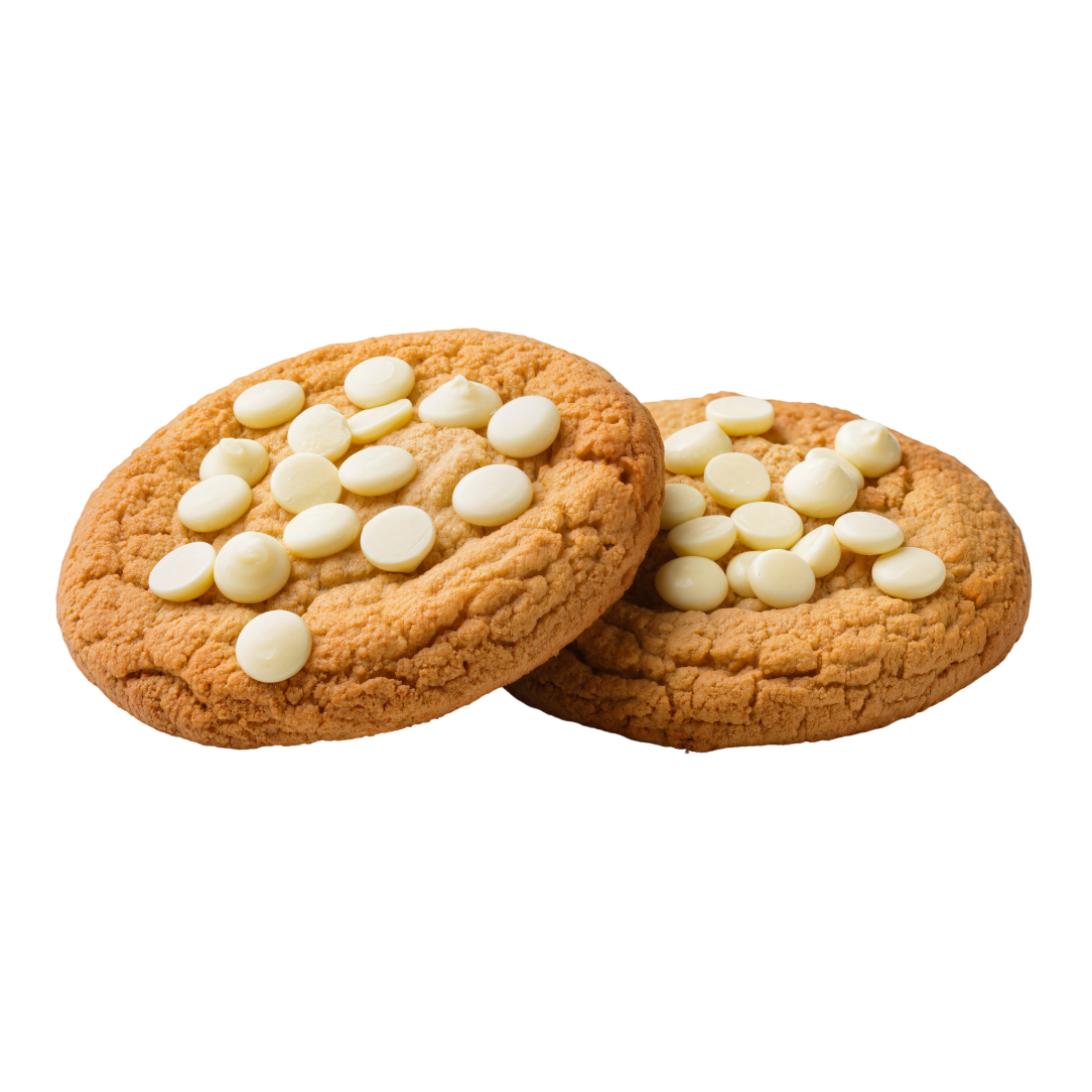 Deux cookies ronds et dorés, garnis de pépites de chocolat blanc, sur fond blanc.