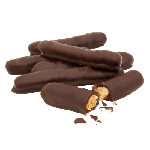 Un tas de bâtonnets de biscuits enrobés de chocolat, dont un cassé en deux révélant un intérieur léger et texturé.