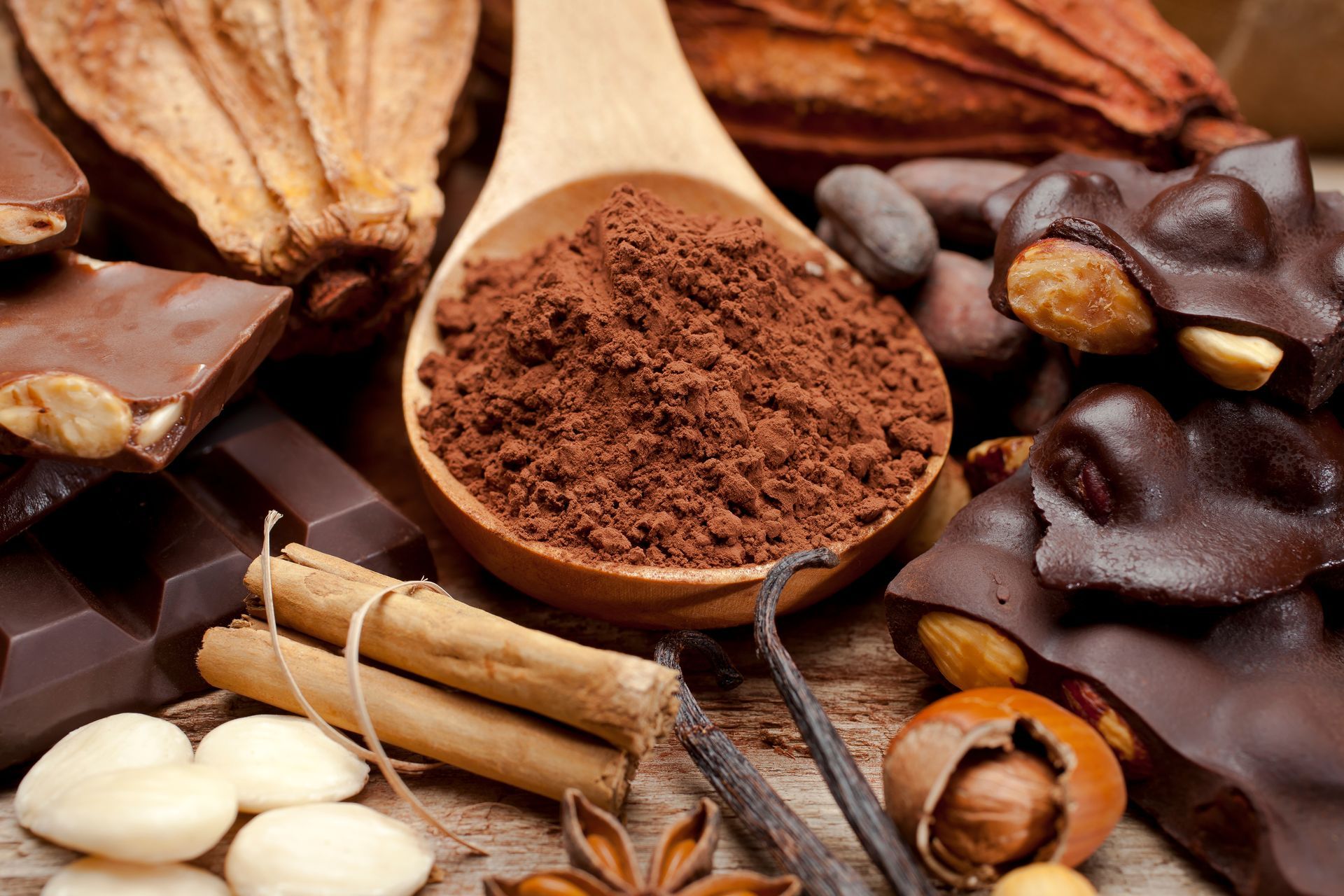 Poudre de cacao dans une cuillère en bois, entourée de barres de chocolat noir, de noix, de bâtons de cannelle et de gousses de vanille, le tout posé sur du bois.