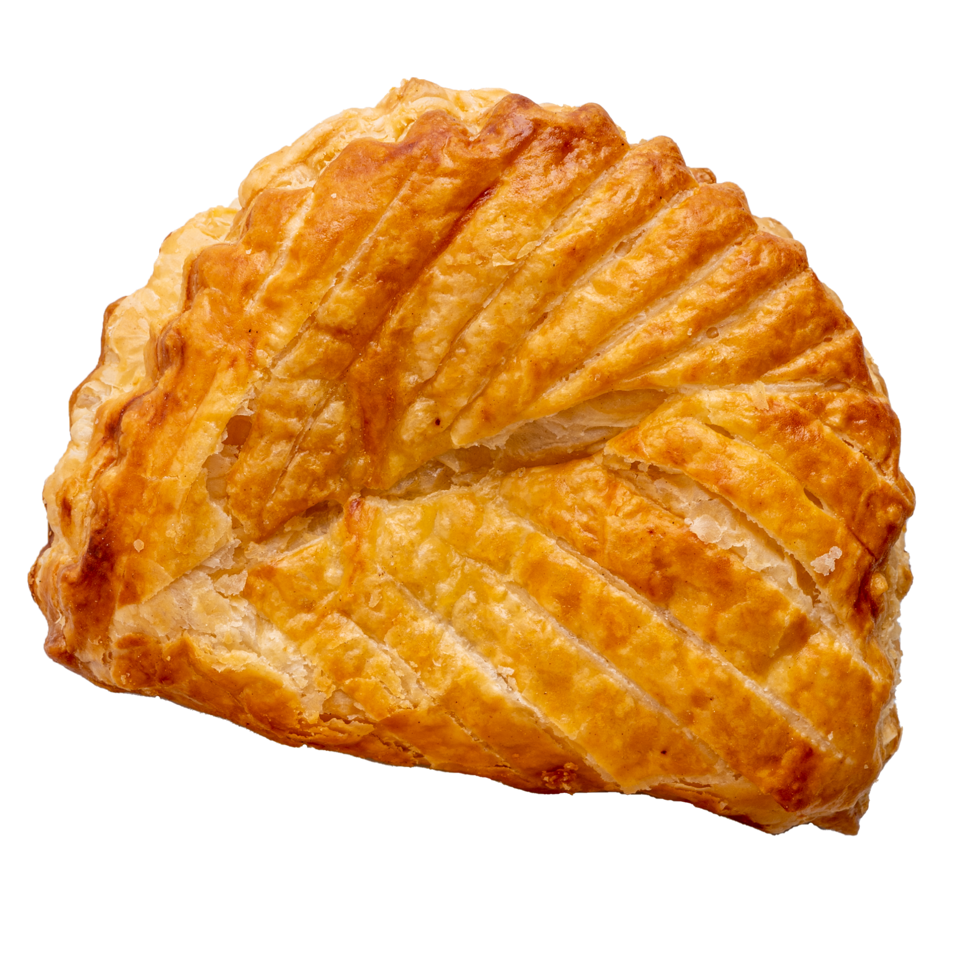 Un chausson aux pommes doré, orné d'un motif décoratif incisé sur sa croûte supérieure.