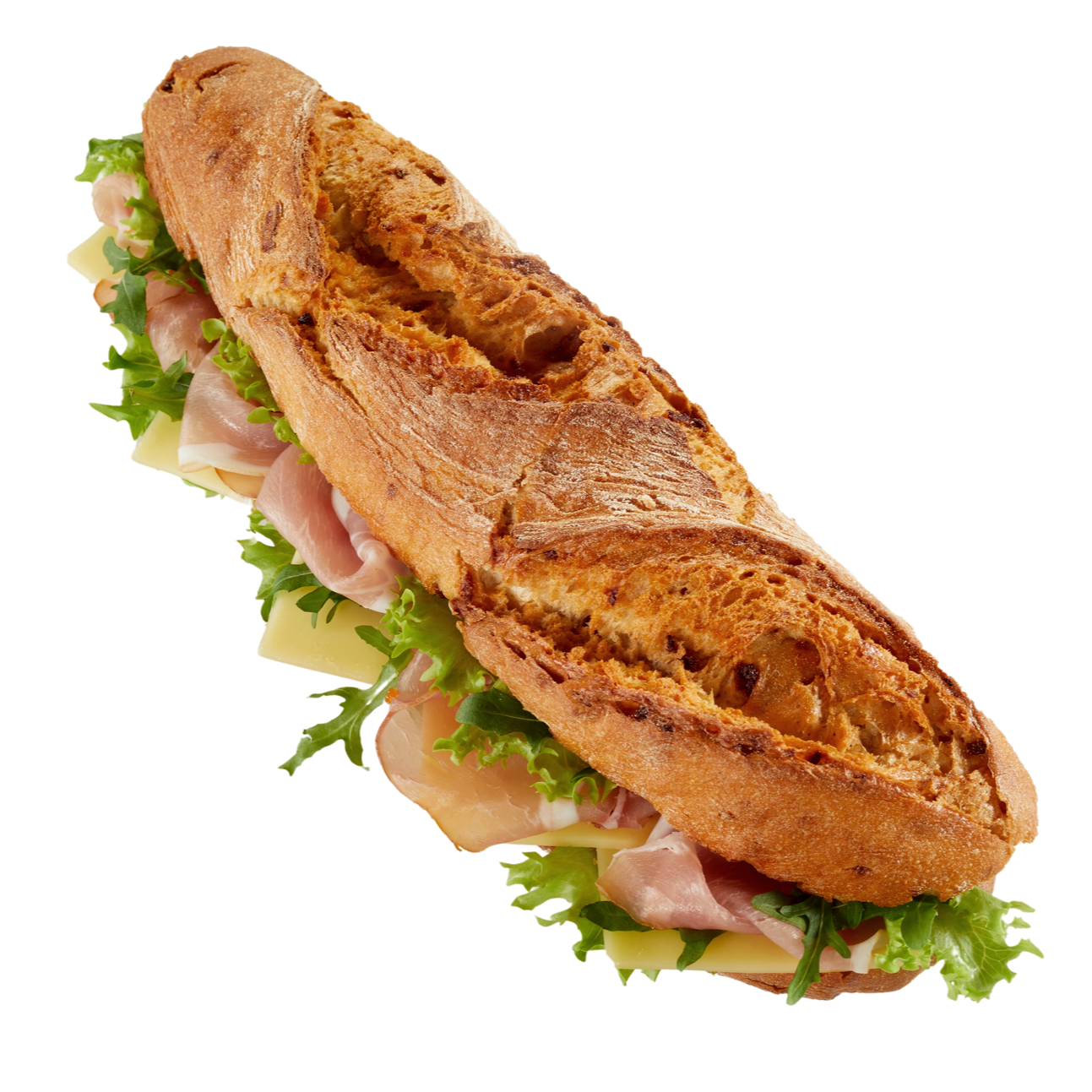 Un sandwich rustique à la baguette, garni de jambon, de tranches de fromage et de laitue verte fraîche, sur fond blanc.