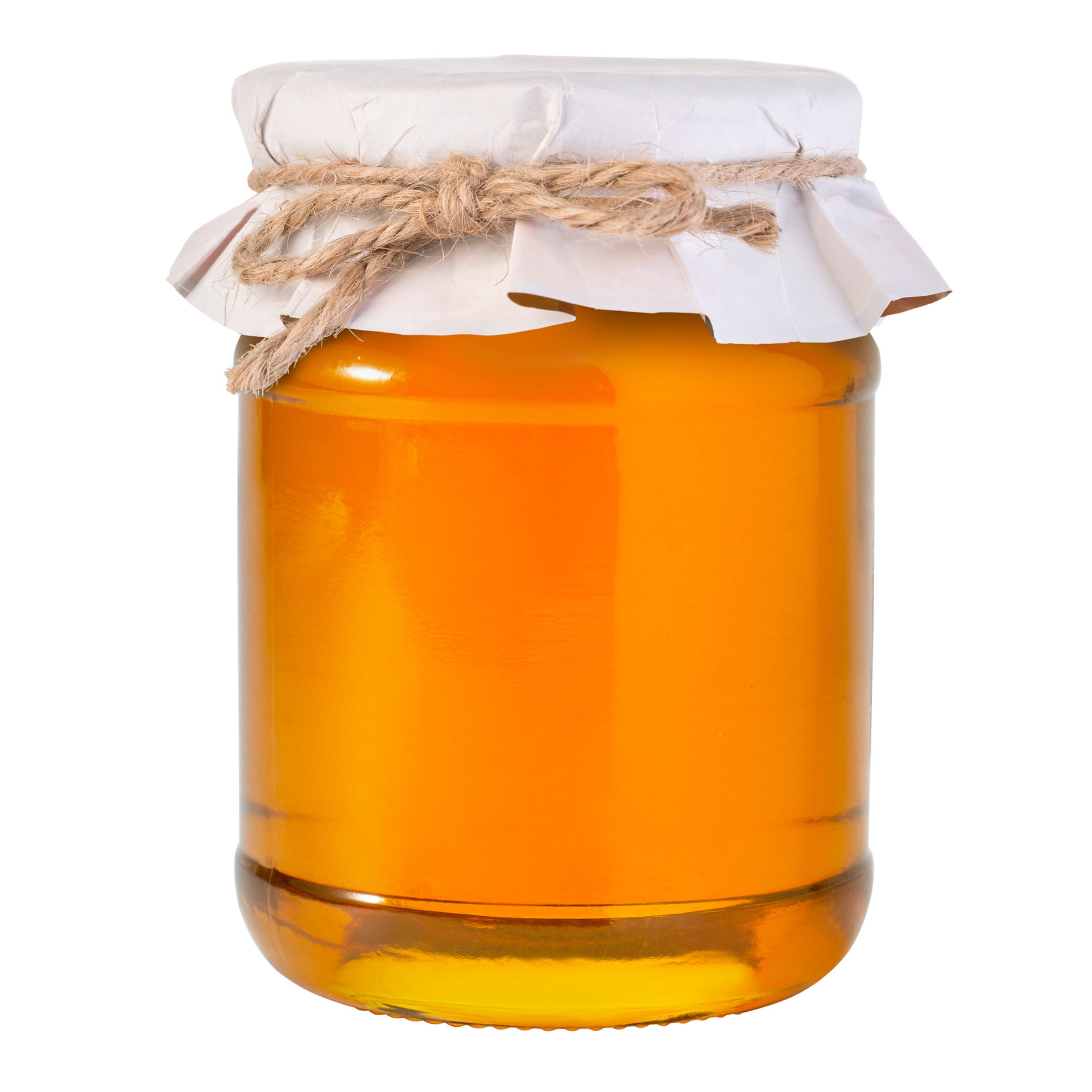 Un pot en verre contenant du miel doré, recouvert de papier blanc et fermé par un ruban de ficelle rustique, sur un fond blanc.
